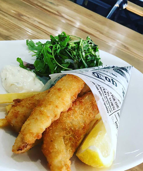 Panko crumbed whiting fillets, chips, salad and tartare