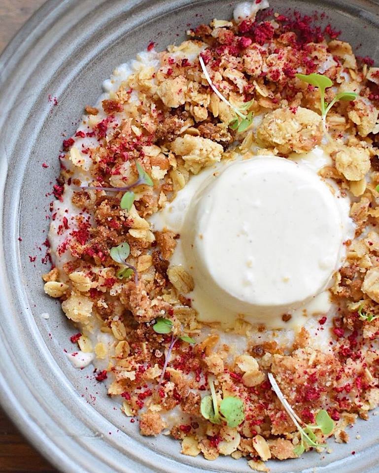 Apple Crumble Porridge with creme fraiche pana cotta